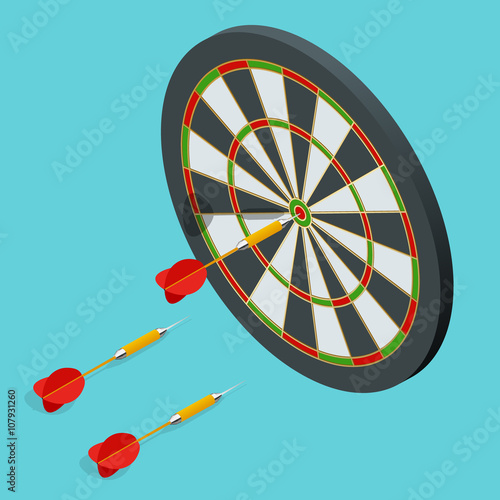 Darts target icon. Darts arrows in the target center. Darts target flat 3d isometric vector illustration.
