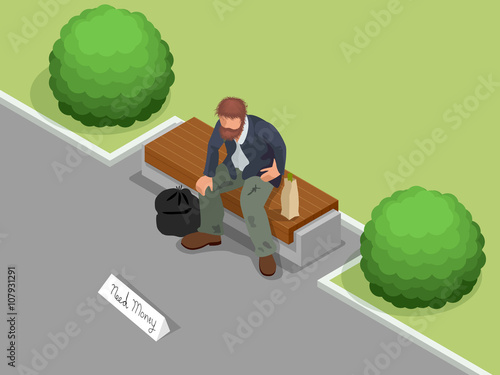 Homeless. Dirty homeless man holding sign asking for help. Flat 3d isometric vector illustration. Social problem concept.