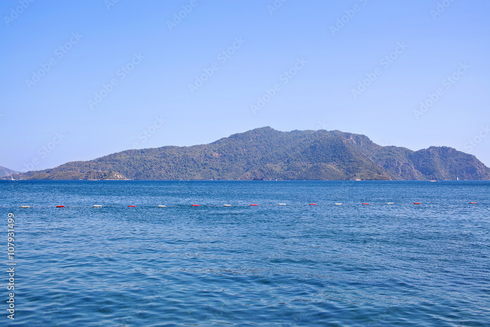 View of the Aegean Sea and the rocky mountains. Marmaris. Turkey