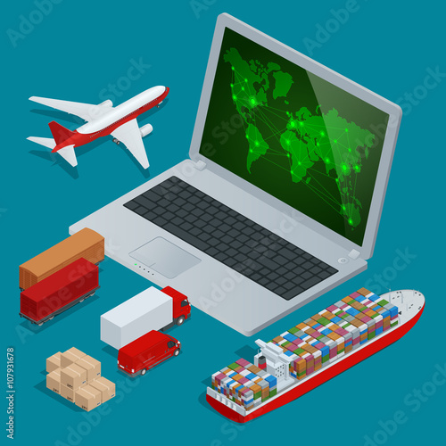 Global logistics network Web site concept Flat 3d isometric vector illustration. On-time delivery Vehicles designed to carry large numbers cargo.