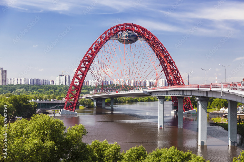 Red bridge over the Moskva river, Moscow, Russia