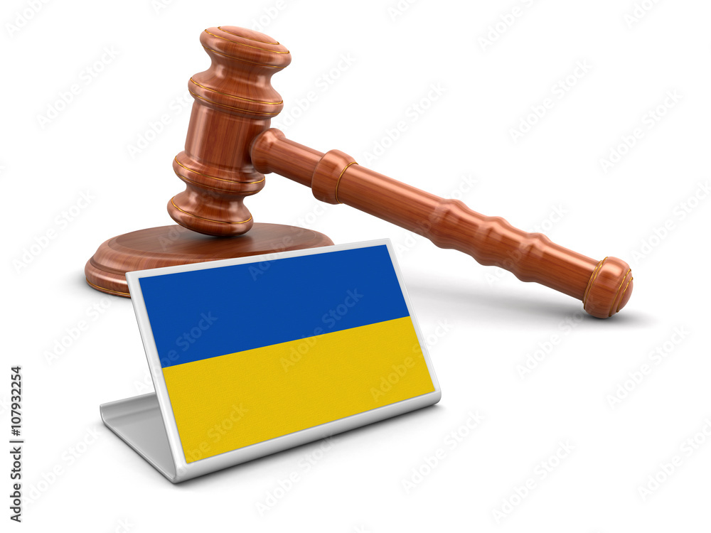 3d wooden mallet and Ukrainian flag. Image with clipping path