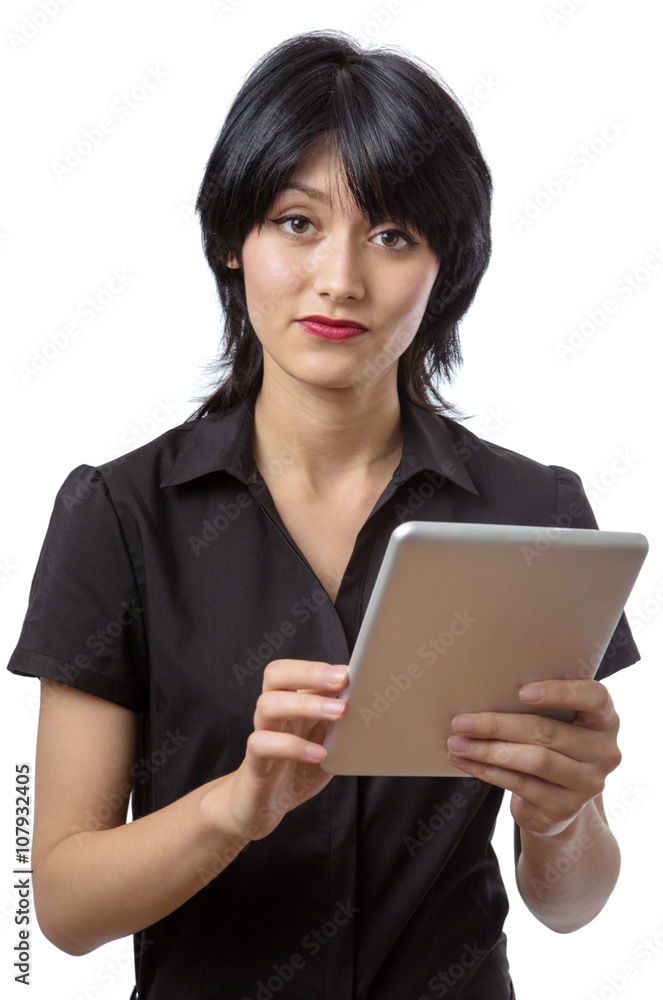 thoughtful business woman using technology thoughtful business woman using technology