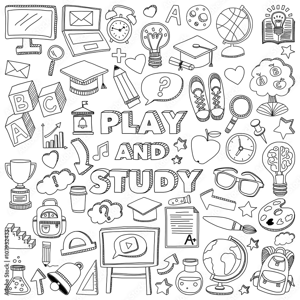 Fototapeta premium Back to School doodle set. Linear icons