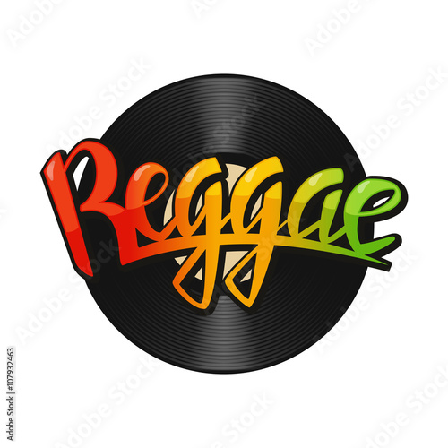 Reggae vinyl disc label. Vector reggae lettering. Rastafarian colors background 