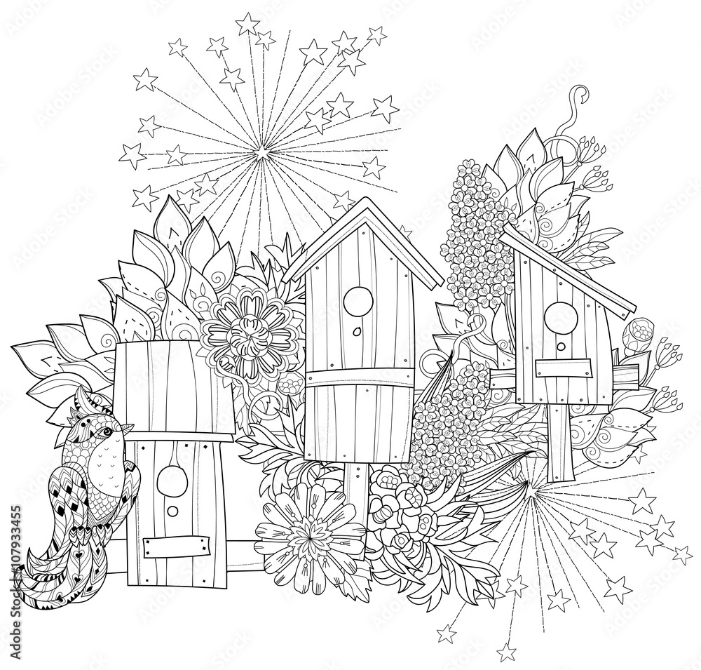 Hand drawn doodle outline spring nesting box decorated with floral ornaments.Vector hand drawn illustration.Floral ornament.Sketch for tattoo, poster, children or adult coloring pages.Boho style.