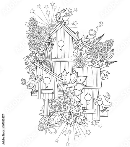 Hand drawn doodle outline spring nesting box decorated with floral ornaments.Vector hand drawn illustration.Floral ornament.Sketch for tattoo, poster, children or adult coloring pages.Boho style.
