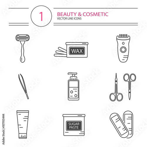 Vector modern line style cosmetics icons set of epilation. Bottle of wax, bottle of sugar paste for sugaring, scissors, wax strips, shaving razor, eyebrow tweezers, clipper.