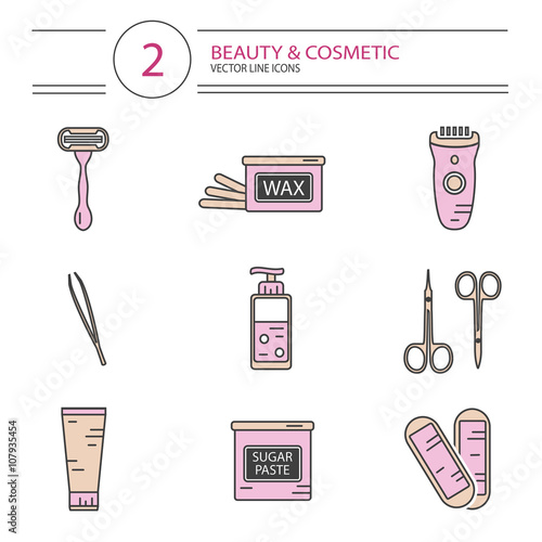 Vector modern line style cosmetics icons set of epilation in pastel colors. Bottle of wax, bottle of sugar paste for sugaring, scissors, wax strips, shaving razor, eyebrow tweezers, clipper.