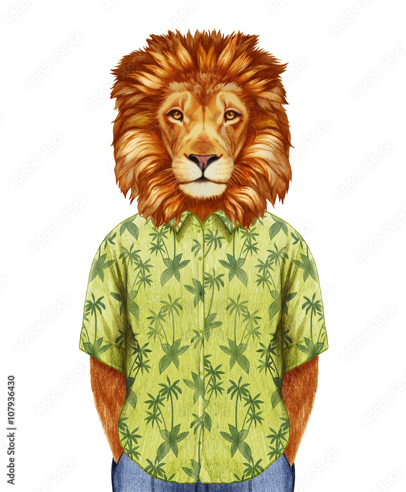 Fototapeta premium Portrait of Lion in summer shirt. Hand-drawn illustration, digitally colored.
