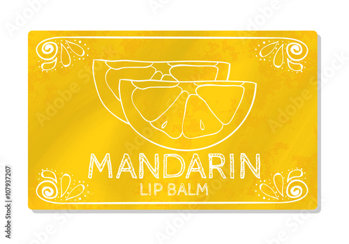 Colorful textured label, sticker for cosmetic products. The packaging design of the lipstick with the taste of sweet citrus fruit tangerine. Vector