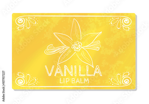 Colorful textured label, sticker for cosmetic products. Packaging design lipstick the taste of sweet vanilla. Vector
