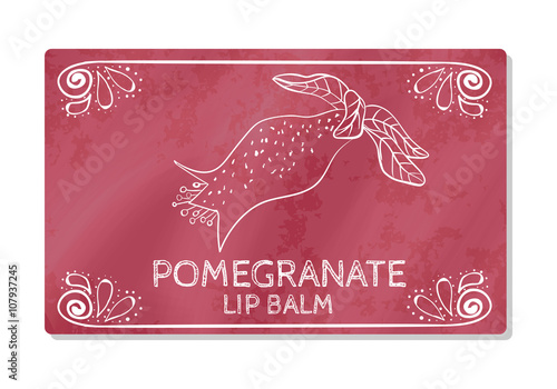 Colorful textured label, sticker for cosmetic products. The packaging design of the lipstick with the taste of pomegranate. Vector
