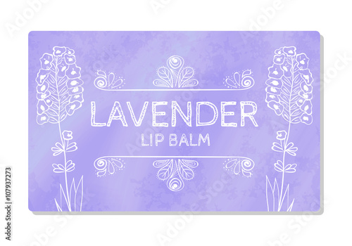 Colorful textured label, sticker for cosmetic products. The packaging design of the lipstick with the taste of lavender. Vector