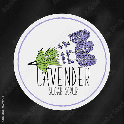 A set of labels with the staff infrastructure for health and beauty. Lavender sugar scrub for body, hands and face. Vector Tags