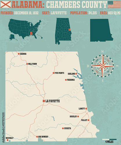 Large and detailed map and infos about Chambers County in Alabama.