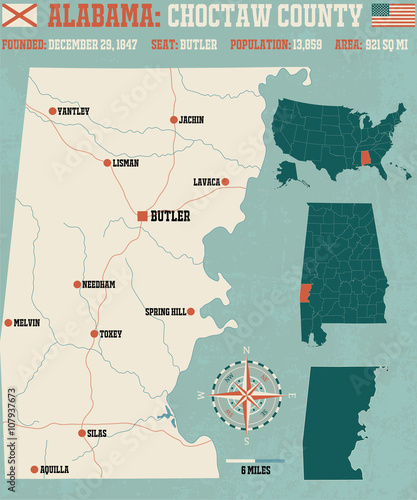 Large and detailed map and infos about Choctaw County in Alabama.