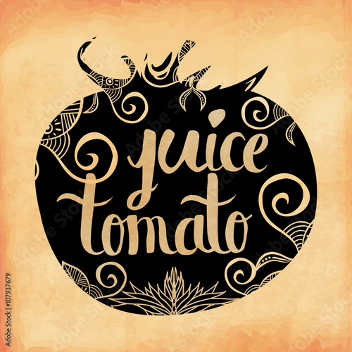 Colorful vintage print of the ornament in the silhouette of vegetarian vegetable tomatoes . Tomato diet juice. Vector
