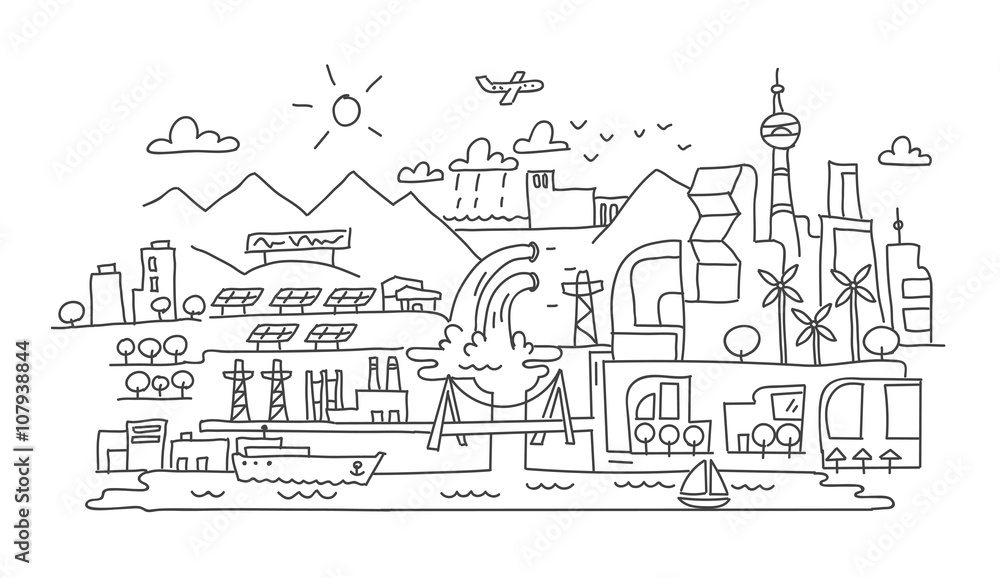 Hand line drawing, futuristic eco city architecture