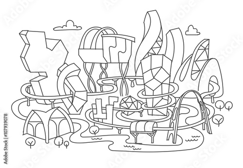 Hand line drawing, futuristic city architecture