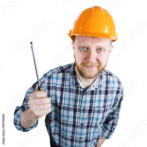 Bearded man in a helmet with screwdriver