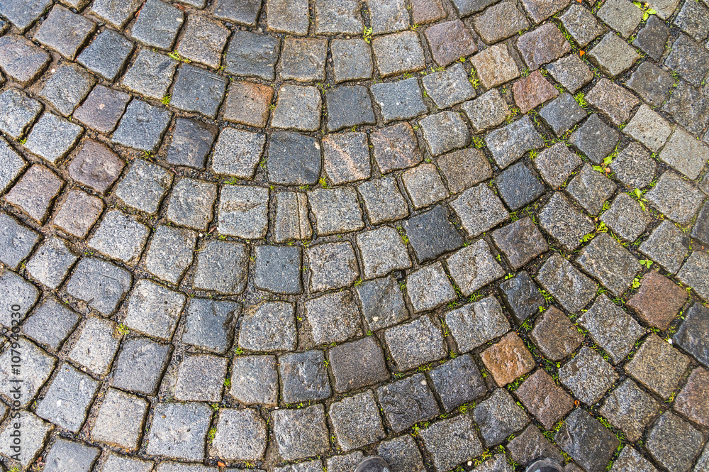 Grey cobblestone pavement after the rain Grey cobblestone pavement after the rain