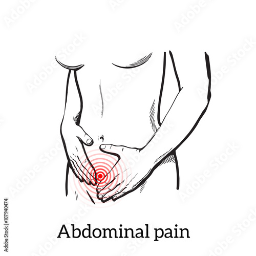 Concept illustration of a womans pain in stomach, menstrual cramps, diarrhea, indigestion, girl holding hands on a sick stomach, vector sketch kartnika on a white background with a red area of pain