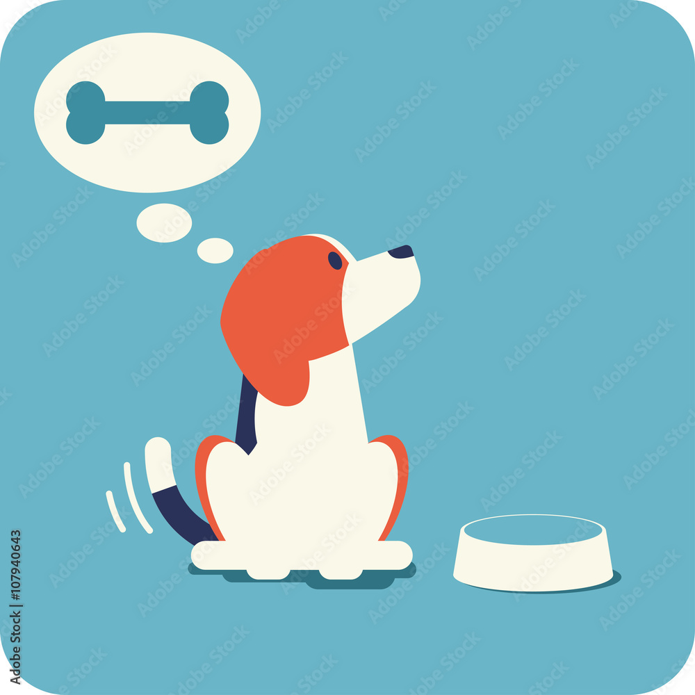 Beagle waiting for feeding. Cute beagle sitting near the bowl, wag its tail and dreaming about appetite bone. Flat design illustration. Beagle waiting for feeding. Cute beagle sitting near the bowl, wag its tail and dreaming about appetite bone. Flat design illustration.