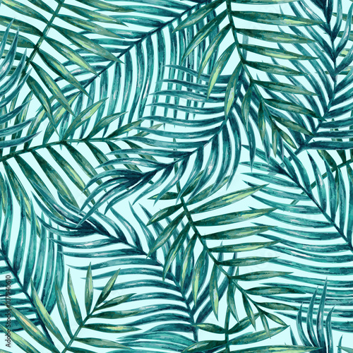 Watercolor tropical palm leaves seamless pattern. Vector illustration.  