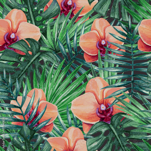 Watercolor orchid flower and palm leaves seamless pattern. Vector illustration.
