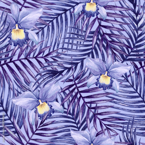 Watercolor orchid flower and palm leaves seamless pattern. Vector illustration. 