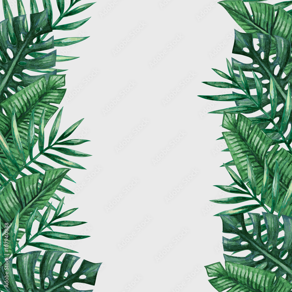 Palm tree leaves background template. Tropical greeting card.
