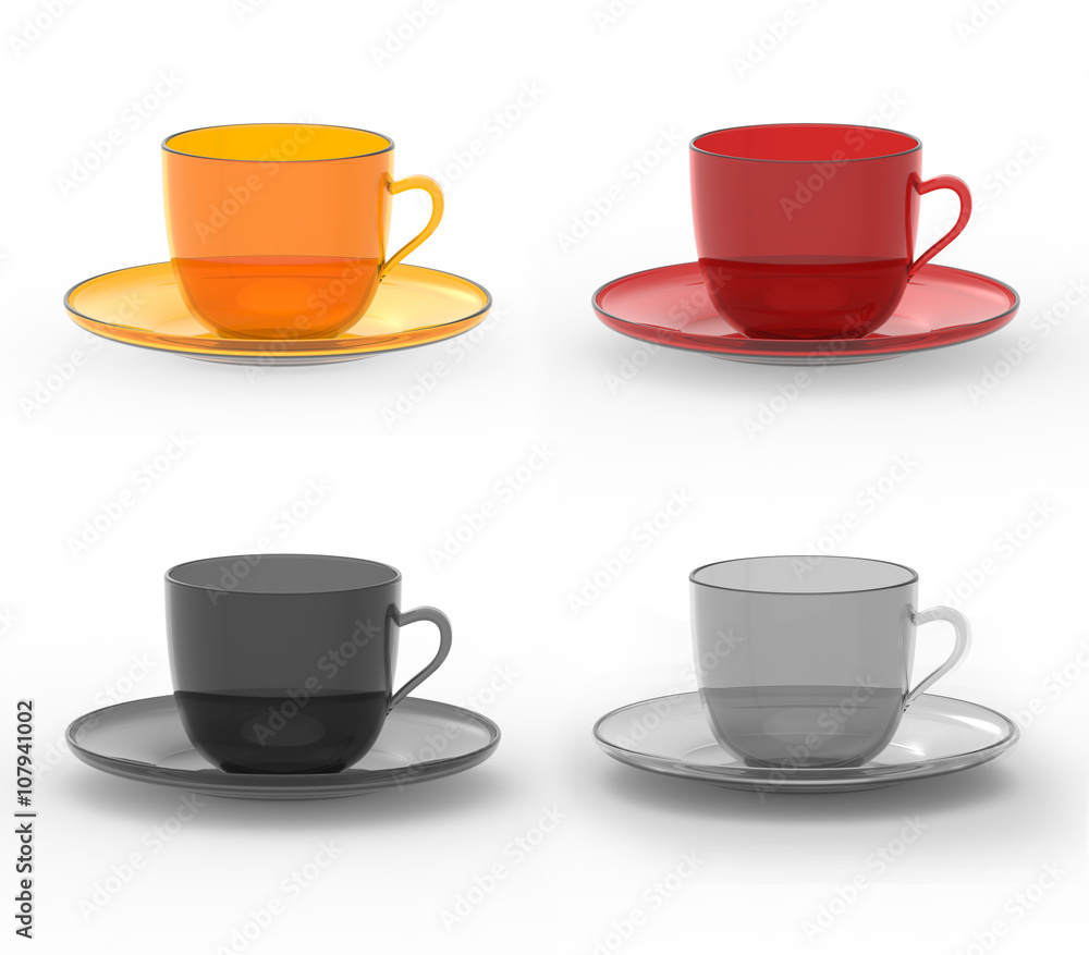 Set of colorful mugs with plates Set of colorful mugs with plates