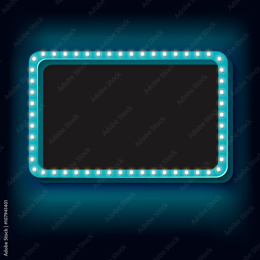 Blue retro frame. Volumetric vintage frame with lights. Futile empty space for your text message advertising. Blue light lamps falls on a black background. illustration