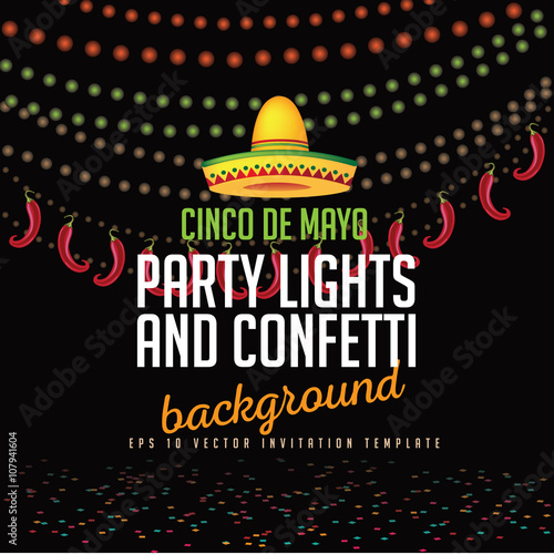Cinco De Mayo party lights background. Cinco de Mayo ad, signage, card, invitation template. Colorful layout for Cinco de Mayo fiesta with copy space. EPS 10 vector royalty free stock illustration