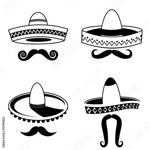 Cinco De Mayo sombrero and mustache black and white collection. royalty free stock illustration.