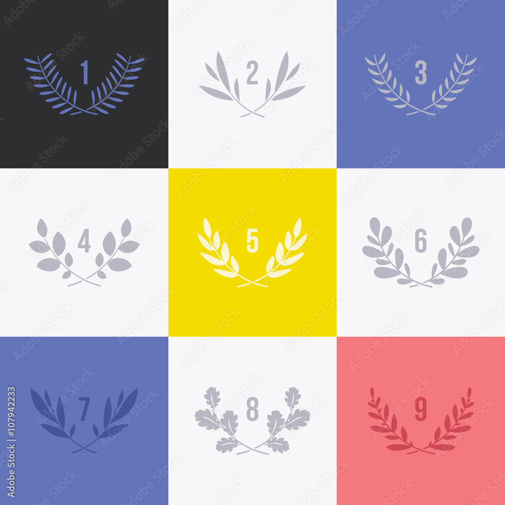 Set of minimalistic laurel wreaths. Collection of conceptual modern symbols for icons and logos