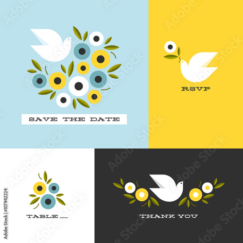 Dove and floral wreath of anemones. Flat style vector design elements