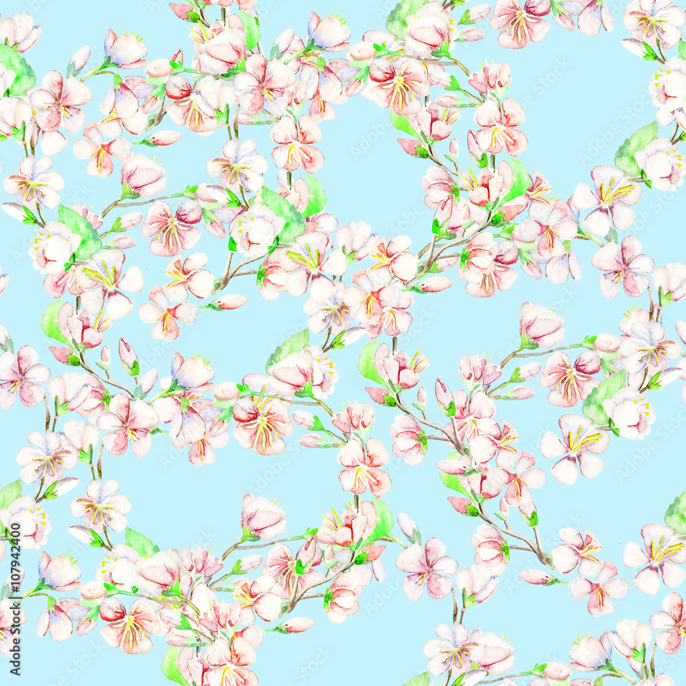 Сherry, apple, flowers.  Watercolor seamless pattern.