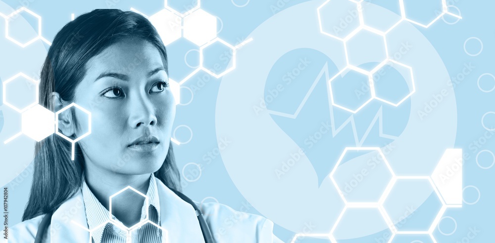 Composite image of focused asian woman thinking