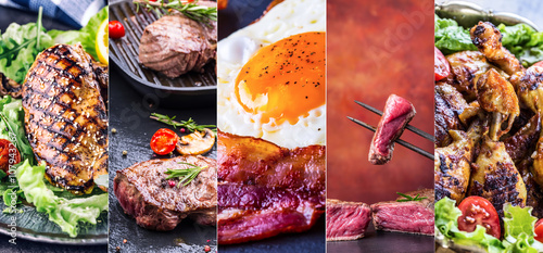 Grill food.Grill meat chicken beef and bacon.Grill sirloin steak,chicken breast - chicken legs.Grill bacon and egg english breakfast.Collage of delicious grilled close-up. Advantageous banners 5 in 1
