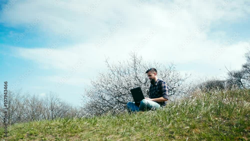 Dolly shot. Man with a beard uses laptop on nature near blossoming tree