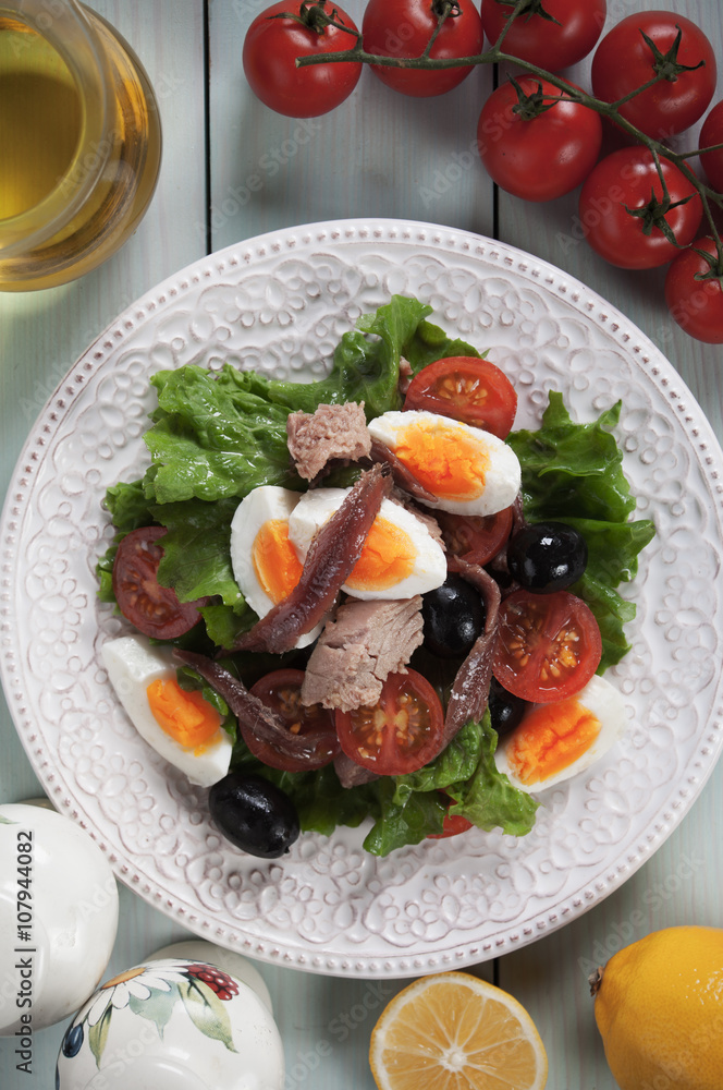 Nicoise salad with tuna, anchovy, eggs and olives Nicoise salad with tuna, anchovy, eggs and olives