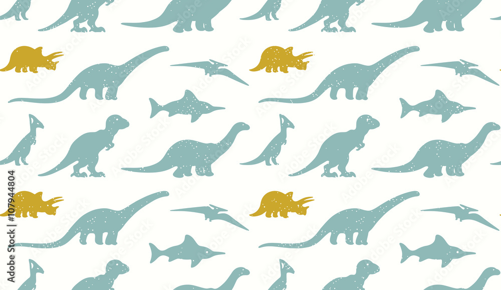 Obraz premium Dinosaurs silhouettes on white background. Seamless pattern