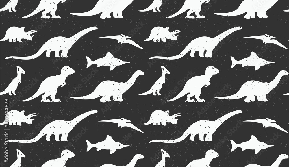Dinosaurs white silhouettes on black background. Seamless pattern Dinosaurs white silhouettes on black background. Seamless pattern