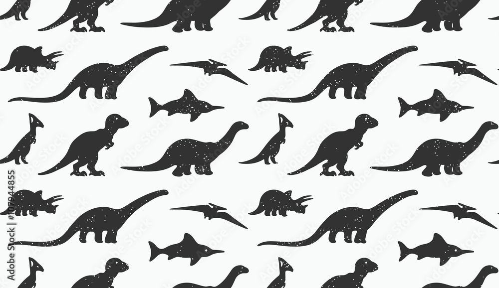Naklejka premium Dinosaurs black silhouettes on white background. Seamless pattern