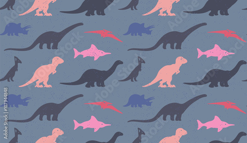 Dinosaurs silhouettes on white background. Seamless pattern