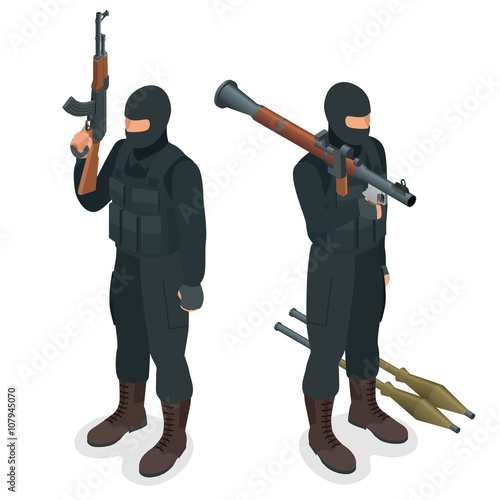 Spec ops police officers SWAT in black uniform. Soldier, officer, sniper, special operation unit, SWAT flat 3d isometric illustration. Soldier with AT rocket launcher. 