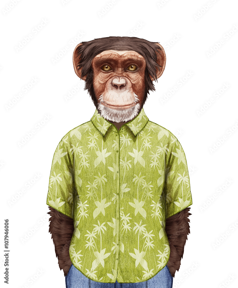 Fototapeta premium Portrait of Monkey in summer shirt. Hand-drawn illustration, digitally colored.