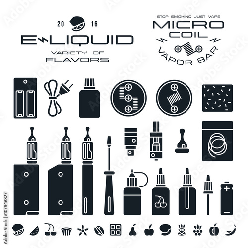 Vape labels, e-cigarette and fruit flavor icons